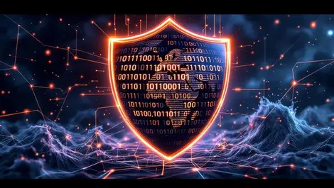 Glowing binary shield protecting networked globe from cyber storm