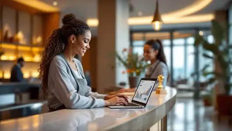 Modern hotel front desk cloud dashboard happy guests lobby awards