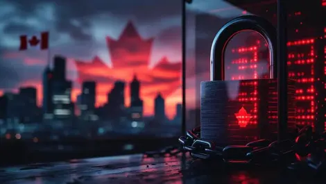 Canadian city dusk skyline ransomware padlock chains red servers
