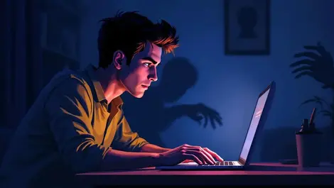 Young european at laptop suspicious email ominous shadowy hand