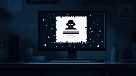 Dark moody captcha puzzle morphing into shadowy cyber thief scene