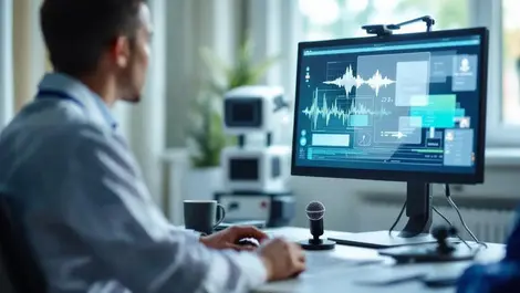 Nhs hospital consultation room doctor patient microphone waveform