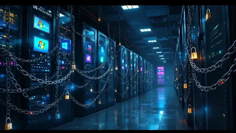 Dim corporate server room mixed os racks chained ransomware lock