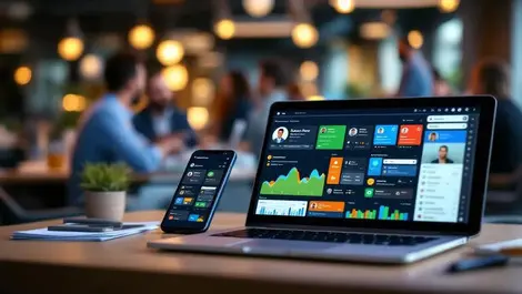 Modern office desk laptop smartphone personalized dashboard widgets