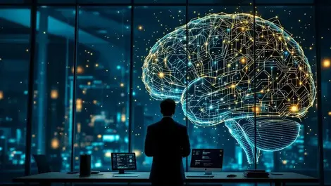 Cio worried in glass office giant glowing ai brain tiny controls
