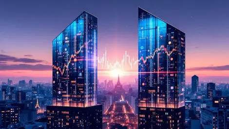 European office buildings merge data stream crypto paris dusk