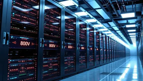 Modern ai data centre red dc busbars 800v blue cooling racks