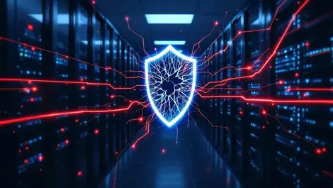 Moody server room red alert cracked shield cyber vulnerabilities